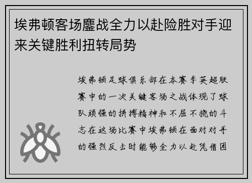 埃弗顿客场鏖战全力以赴险胜对手迎来关键胜利扭转局势